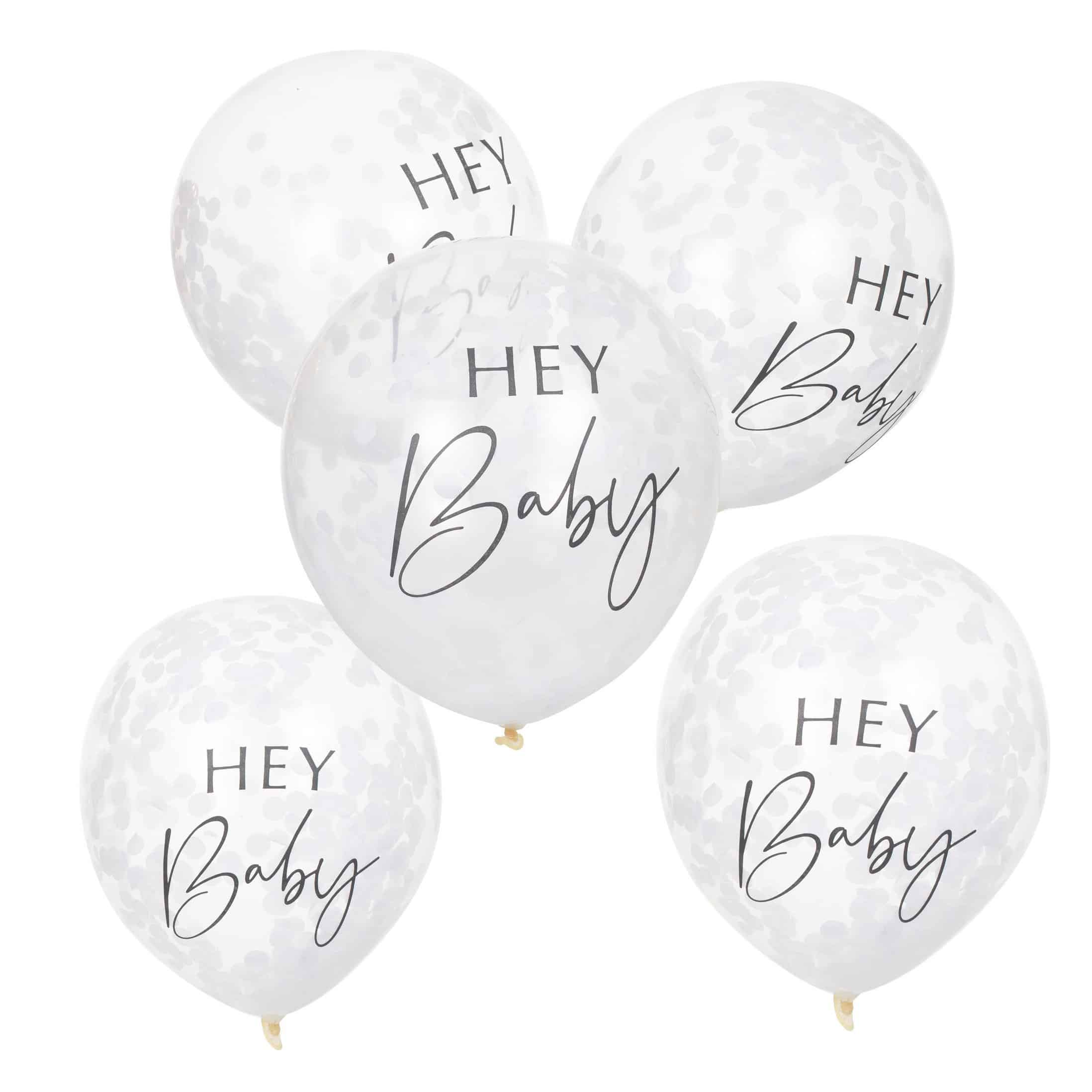 Hey Baby Confetti White Balloons